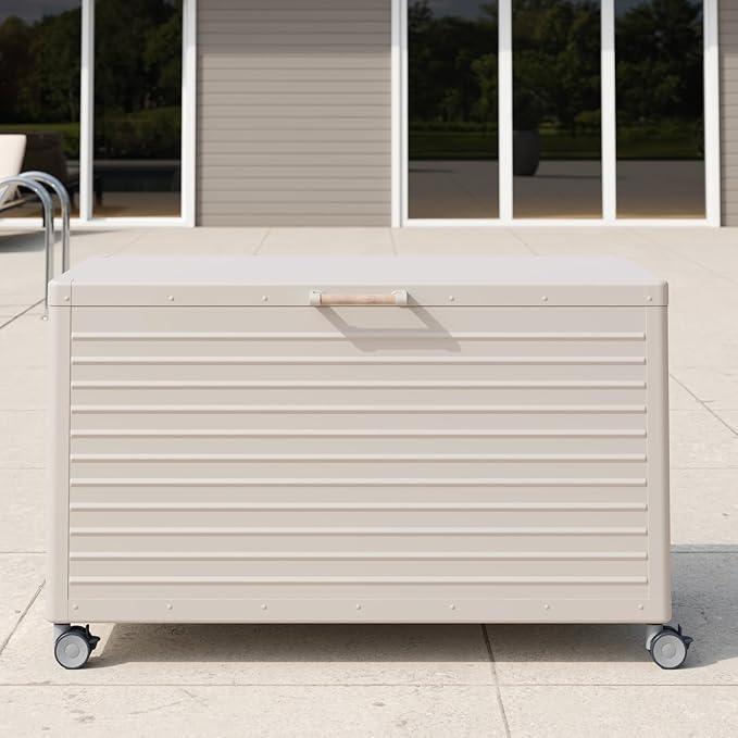 MIRADOR 134 Gallon Outdoor Storage Box Waterproof, Metal Deck Box with wheels for Patio Furniture, Garden Tools, Outdoor Cushion, Latte