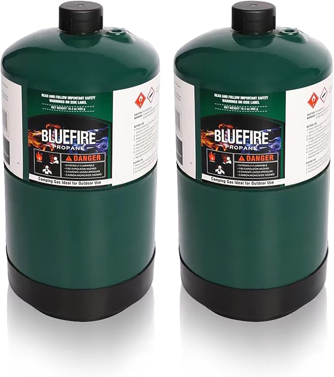 BLUEFIRE(2) 16.4 oz 1Lb Propane tank Replacement Fuel Camping Gas Cylinder Pack of 2 All Purpose Portable Canister mini Propane Gas Tank for Camping Stove Outdoor Backpack Burner Heater Cooking Torch