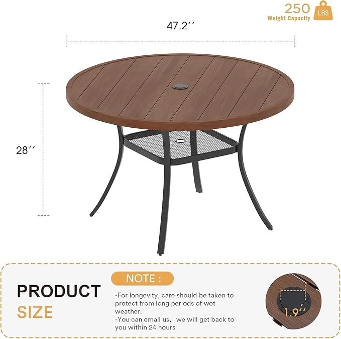 VICLLAX 47.2" Round Patio Table for 6, All Weather Metal Outdoor Dining Table with Adjustable Umbrella Hole, Walnut Wood-Like Tabletop