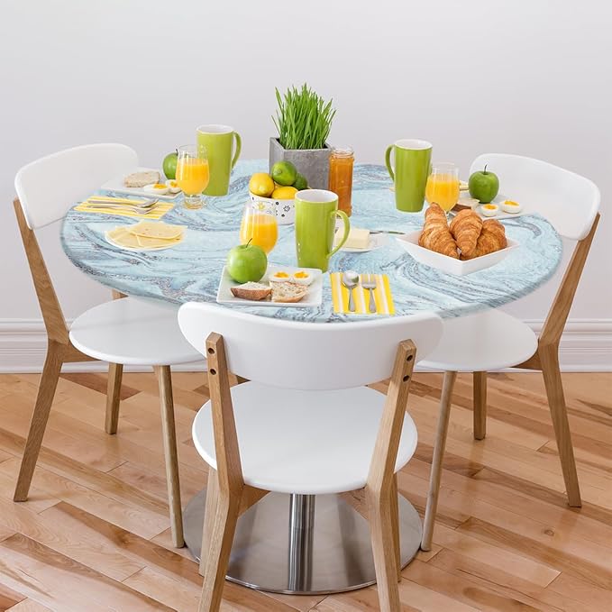 Blue Silver Marble Pattern Round Table Cloth Cover, Elastic Edge Waterproof Wipeable Tablecloths 36"-42" Polyester Tablecloth for Party Restaurant Banquet Holiday Camping Outdoor Picnic