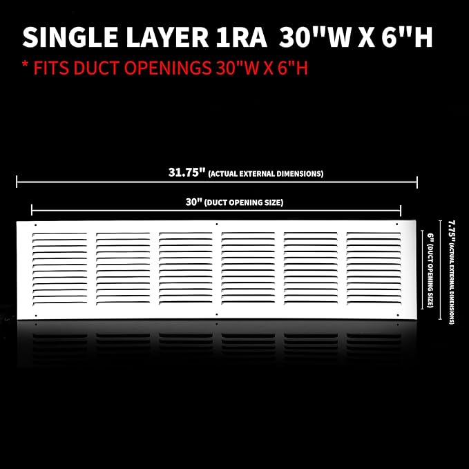 30x6 Return Air Grille(Duct Opening Size),Air Return Vent Cover,Flat Vent Cover,Rejillas De Aire Acondicionado para Casa,Return Air Grilles,Outer Dimensions:31.75"Wx7.75"H(30"W x 6"H, Duct Opening)