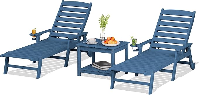 SERWALL Outdoor Lounge Chairs Set with Side Table, HDPE Patio Chaise Lounge All Weather Outdoor Lounger Set of 3 for Pool, Deck, Blue