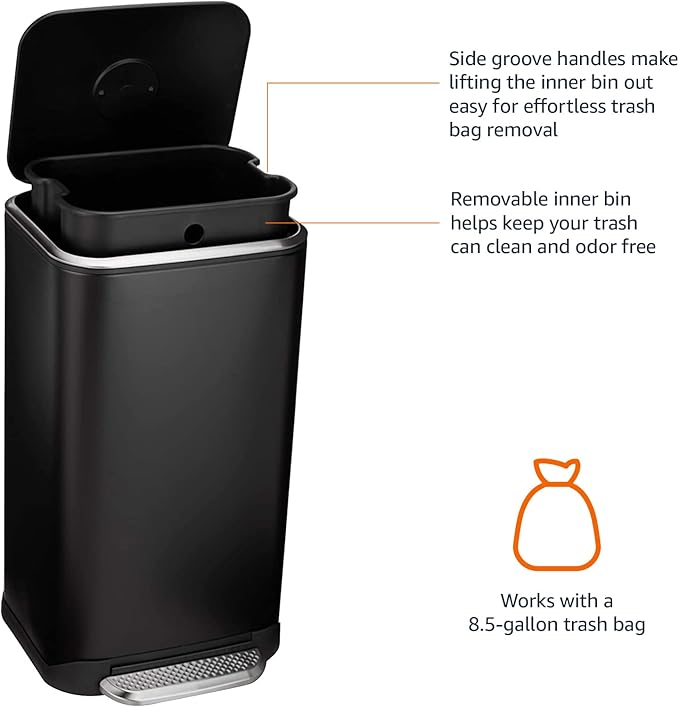 Amazon Basics Rectangular Metal Trash Can With Soft-Close Foot Pedal, 32 liter/8.5 gallon, 14"L x 14"W x 25.3"H, Black
