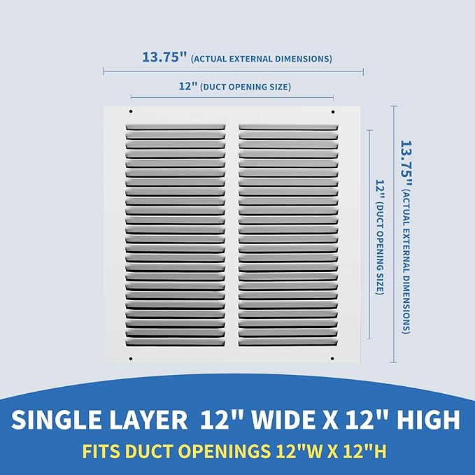 12x12 Return Air Grille (Duct Opening Size), Air Return Vent Cover, AC Vent Cover, Cold Air Return Vent Cover, Flat Return Air Grilles, Outer Dimensions:13.75"W x 13.75"H (12"W x 12"H, Duct Opening)