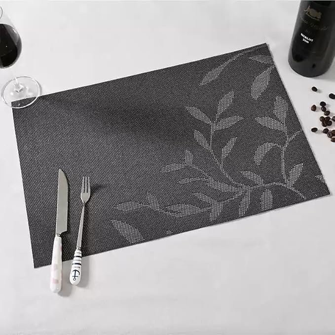 Leaf Placemats Set of 8, Non-Slip Heat-Resistant 18" x 12" Vinyl Washable Placemats for Kitchen Indoor Outdoor Party Birthdays Weddings Decoration (Black)