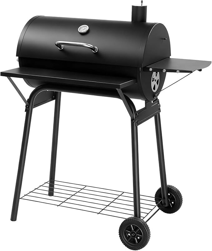 Outvita Barrel Charcoal Grill with Warming Rack, Outdoor BBQ Grill with Side Front Table with Nearly 564 Sq.In. Cooking Grid Area for Backyard Patio Picnic Parties Camping, Black