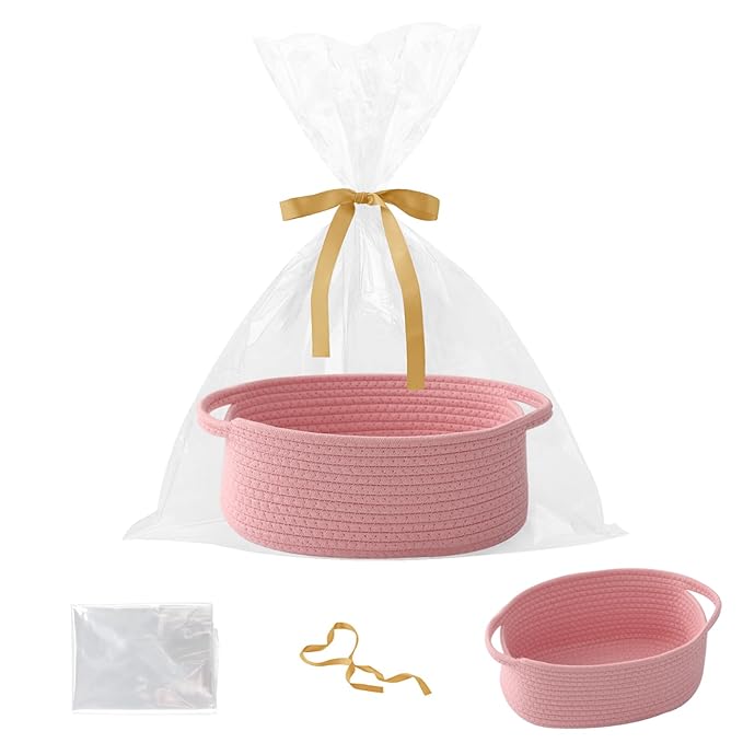Gift Basket with Gift Bag and Ribbons,Small Rope Woven Shelf Storage,Baskets for Gifts Empty,Birthday,Baby Shower,Decorative Organizer Box with Handles(Pink)
