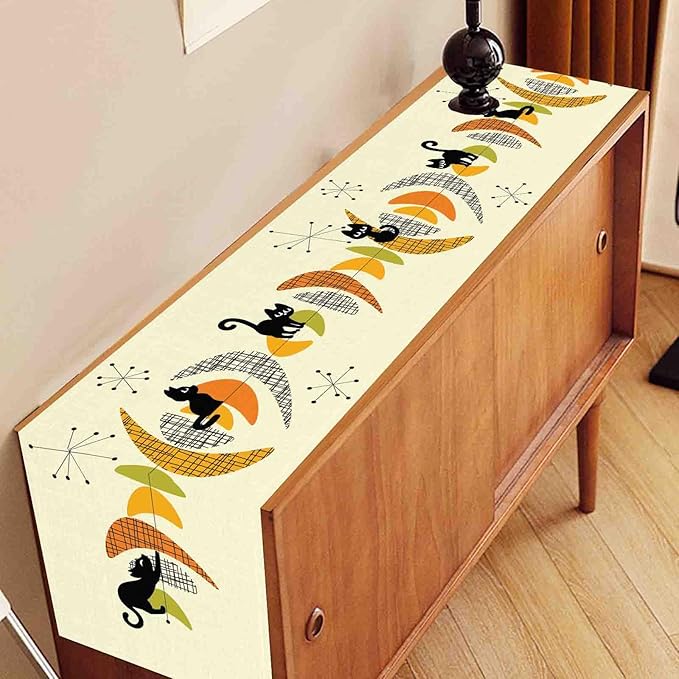 Mid Century Table Runner, Retro 1950s Black Cat Atomic Modern Abstract Coffee Table Center Decor for Home Kitchen Dining Patio Holiday Party Indoor Outdoor Table Decorations, 13"x72" Inch