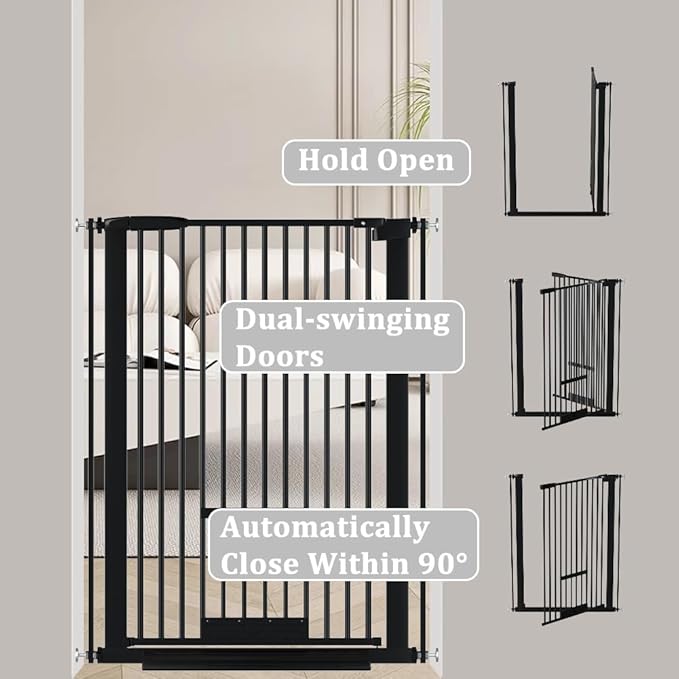40.55" Tall 1.37" Ultra Narrow Spacing Dogs Pets Baby Gate with Door for Doorway Cat Safety Proof Indoor 57.68-73.43" Extra Wide Puppy Pressure Mounted No Drill White Black Metal Hallway