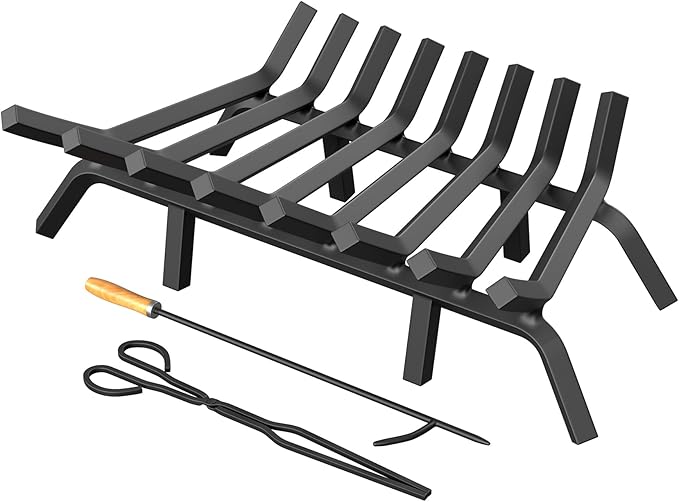 Fireplace Grate 30 Inch with 8 Support Legs, Solid Steel Heavy Duty Fireplace Log Holder with Fire Log Tongs & Fire Poker, Fireplace Log Grate for Indoor Fireplace and Outdoor In-ground Firepit