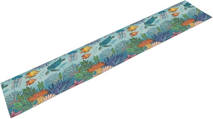 Coastal Table Runner, Ocean Nautical Coral Starfish Seashell Sea Turtle Table Runner for Dining Table Kitchen Party Picnic Home 13x60in