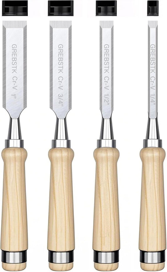 GREBSTK 4 Pcs Wood Chisel Set, CRV Steel Bevel Sharp Edge Bench Chisels with Safety Caps, Comfortable Oversized Solid Wood Handle, for Woodworking and DIY Projects, 11"x(1/4", 1/2", 3/4", 1")