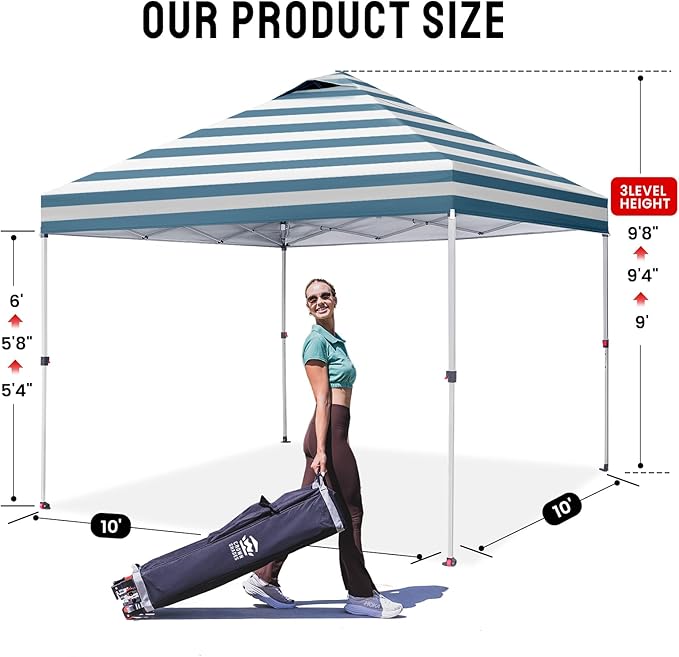 CROWN SHADES 10x10 Pop Up Canopy - Beach Tent with One Push Setup - Easy Outdoor Sun Shade for Events, Parties, Camping - Gazebo with STO-N-Go Cover Bag, Silver Coated Top, Cyan Blue Stripes
