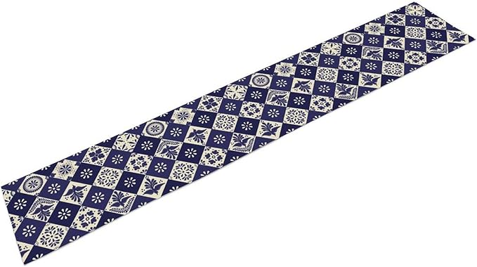 Floral Birds Mexican Table Runner, Blue Mexico Talavera Ceramic Tiles Cinco De Mayo Azulejo Coffee Table Center Decor for Family Kitchen and Dining Patio Indoor Outdoor Table Decorations, 13" X 72"