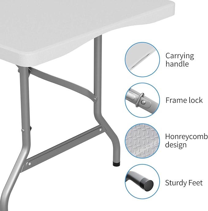 FWTI Deal Folding Table 6ft, Heavy Duty Portable, Built in Carrying Handle & Alloy Steel Legs for Party, Dining, Wedding, Events, Picnic, Indoor, Outdoor, Camping, Utility, White