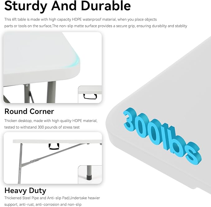 50 Pack of 6 Foot Foldable Table with Built in Handle & Steel Legs ,Heavy Duty Portable ,Perfect for Party, Dining, Wedding, Events, Picnic Indoor, Outdoor, Camping, Utility, Folding(white-50pac)