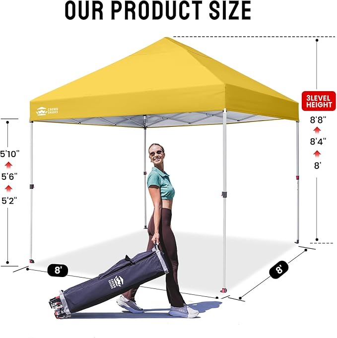 CROWN SHADES 8x8 Pop Up Canopy - Beach Tent with One Push Setup - Easy Outdoor Sun Shade for Events, Parties, Camping - Gazebo with STO-N-Go Cover Bag, Silver Coated Top, Yellow