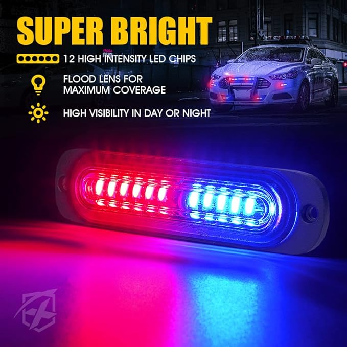 Xprite Red Blue LED Surface Mount Strobe Police Lights Kit, w/Control Panel Emergency Safety Warning Flashing Grille Cop Marker Light Assembly for Vehicles Trucks ATV UTV Motorcycle 4PCS
