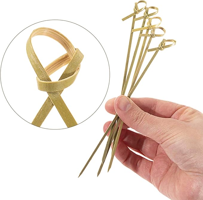 DC-BEAUTIFUL 200 Pack Natural Bamboo Knot Skewers, 6 Inch Bamboo Twisted End Cocktail Picks, Appetizer Picks for Party Snacks Club Sandwiches Finger Food Barbecue Must (6.0”)
