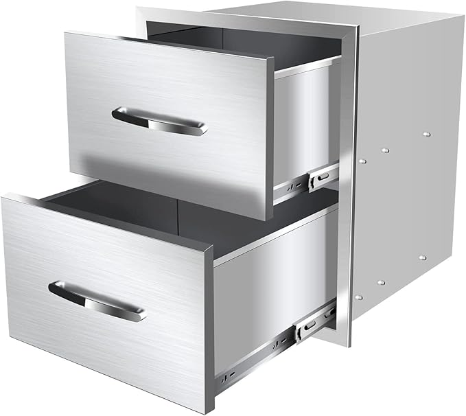 Outdoor Kitchen Drawers, Box Frame Style Flush Mount BBQ Drawer w/Stainless Steel Handle, BBQ Island Drawers For Patio Grill Station,Double Drawers