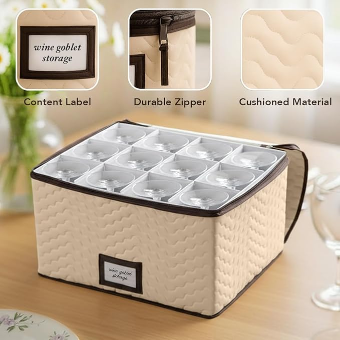 Wine Glass Storage Box with Dividers - Stemware Storage Case, Durable Quilted Microfiber Bin with Carry Handles, Protects Fine China - (2 Pack, Red & White Wine Glass)
