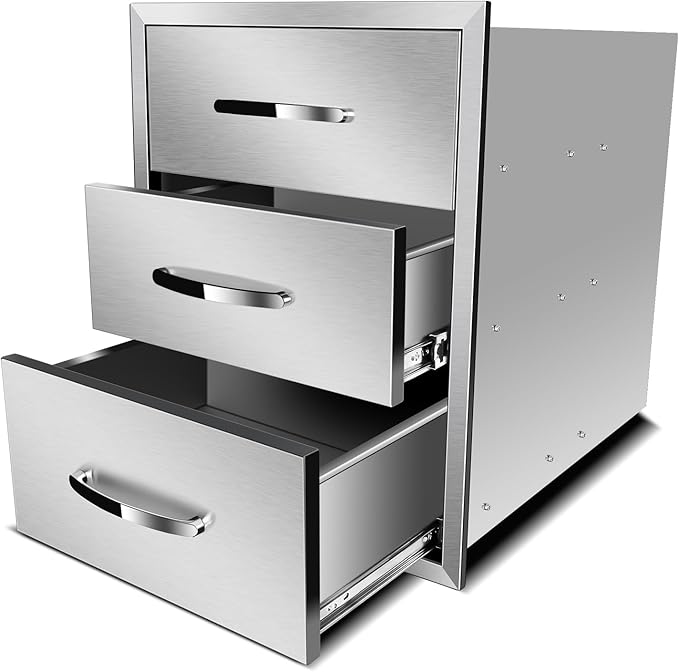 Outdoor Kitchen Drawers, Box Frame Style Flush Mount BBQ Drawer w/Stainless Steel Handle, BBQ Island Drawers For Patio Grill Station,Three Drawers