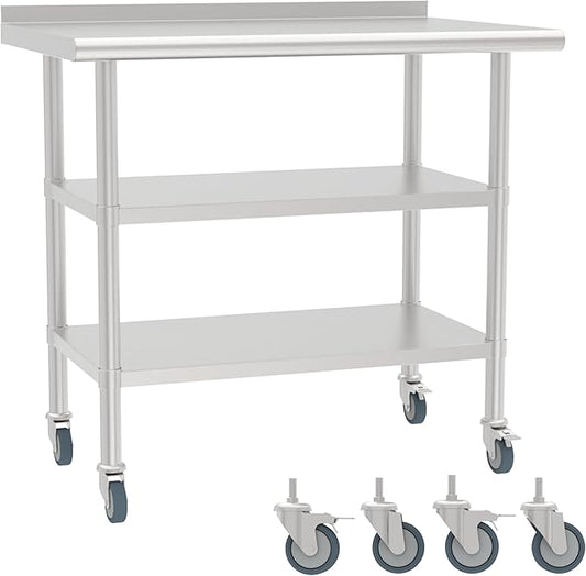 24x36 Inch Stainless Steel Work Table with Backsplash, Double Undershelves and Casters, Commercial Prep Table, Heavy Duty Kitchen Workbench, NSF Certified, Rust & Scratch Resistant