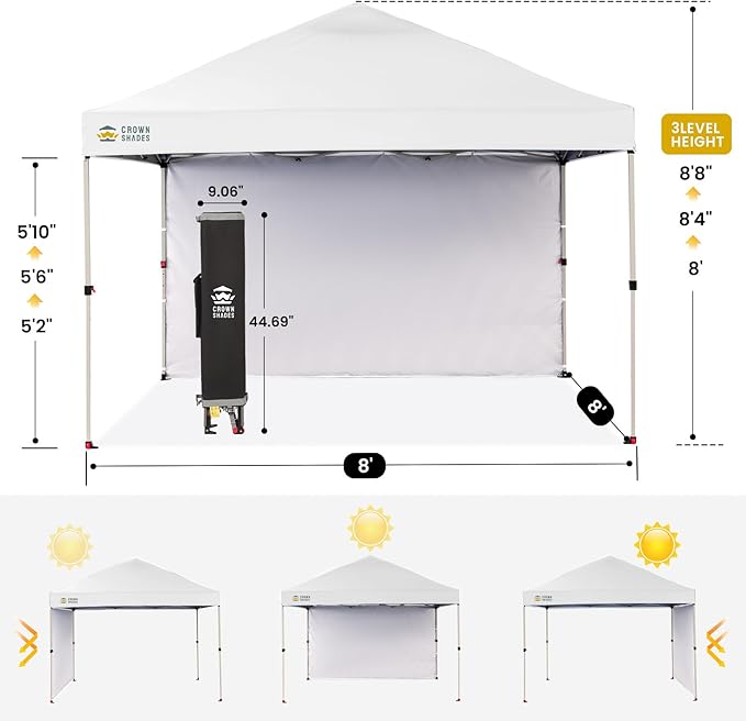 CROWN SHADES 8x8 Pop Up Canopy with 1 Side Wall - Beach Tent with One Push Setup - Outdoor Sun Shade for Events, Parties, Camping - Gazebo with STO-N-Go Cover Bag (White)
