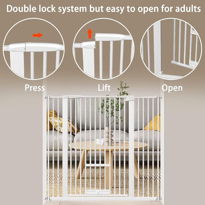 40.55" Tall 1.37" Ultra Narrow Spacing 30.12-34.06" Dogs Pets Baby Gate with Cat Door for Doorway Safety Proof Indoor Extra Wide Puppy Pressure Mounted No Drill White Black Metal Hallway