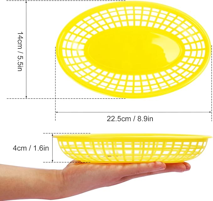 80 Pcs 9 x 5.7 Inch Reusable Oval Fast Food Baskets, Sturdy Plastic Serving Baskets for Fast Food, Parties, Picnics, BBQs and Snacks, by KUKLIPJIM.(Yellow)
