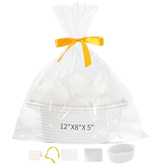 Baskets for Gifts Empty with Bag Card Ribbon Tissue Paper Small Woven Basket Gift Baskets with Handles for Valentine's Day New Year Baby Shower (White 12"X 8" X 5")