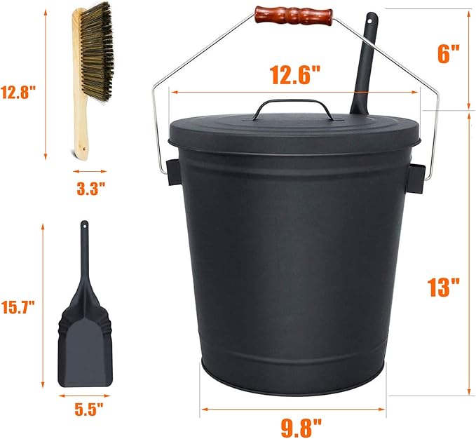 Grisun Ash Bucket with Lid, Shovel and Hand Broom, 5.2 Gallon Coal Bucket for Fireplace, Charcoal Wood Fire Pits, Burning Stoves, Large Pail Pellet Metal Buckets Ash Can, for Indoor and Outdoor