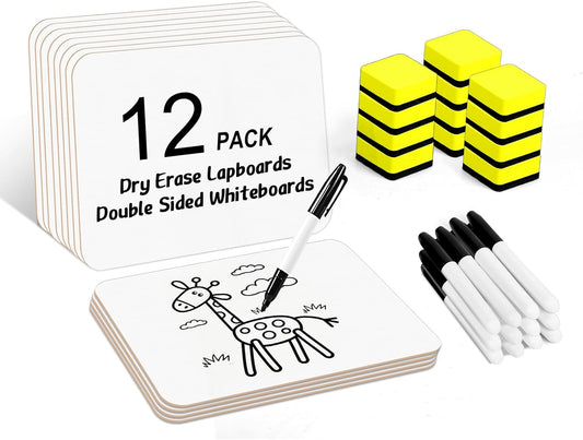 Dry Erase Lapboards, HERKKA 12 Pack Double Sided Dry Erase Lap Boards 9 x 12.5 Inch, 12 Markers, 12 Erasers, Small Dry Erase Boards for Classroom Supplies