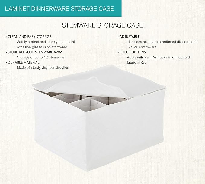 LAMINET Quilted Wine Glass Storage Case - Holds Up to 12 Wine Glass/Tall/Stemware Glasses - WHITE