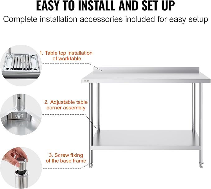 VEVOR 24 x 48 x 36 Inch Stainless Steel Work Table, Commercial Food Prep Worktable Heavy Duty Prep Worktable, Metal Work Table with Adjustable Height for Restaurant, Home and Hotel