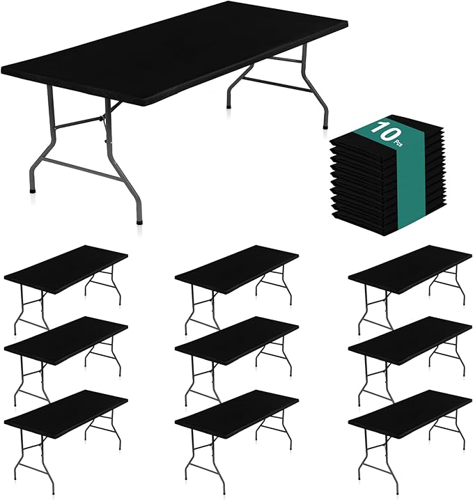 LUSHVIDA 10 Packs Vinyl Tablecloths with Flannel Backing for 8ft Rectangle Folding Table Cloths - Waterproof Plastic Picnic Table Covers with Elastic Corners, 30x96 inch, Black