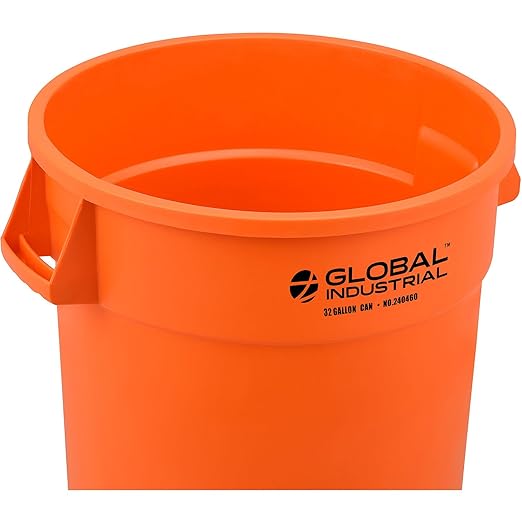 Global Industrial Commercial Round Trash Can, 32 Gallon Capacity, Plastic Garbage Can, Indoor and Outdoor Utility Trash Can, Bright Orange, 21-3/4"W x 27-1/2"H, No Lid