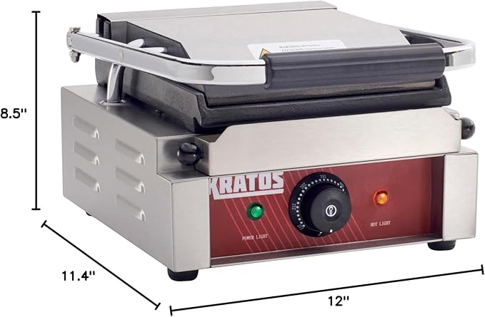 Kratos Commercial Electric Panini Sandwich Grill with Smooth Plates, 9" x 9" Cooking Surface, Commercial Countertop Panini Press, 120V, 1750W (29Y-018)