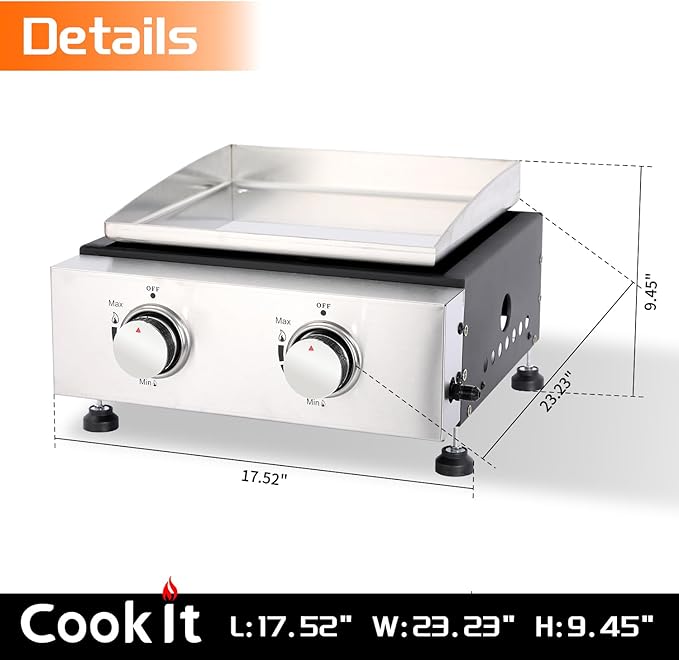 2-Burner Portable Tabletop Gas Griddle Grill with Stainless Steel Cooking Surface - Includes Protective Cover & Regulator, for Camping, Tailgating, Outdoor Cooking