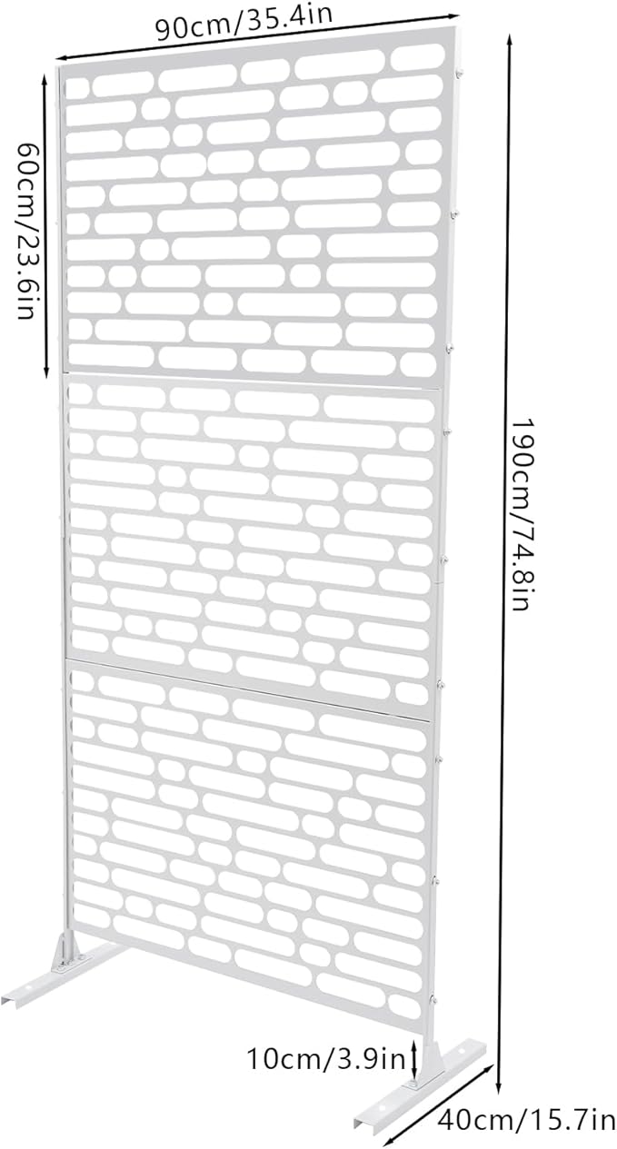 75" H×35" W Decorative Outdoor Privacy Screen with Stand, Outdoor Decor Privacy Fence Screen Metal Fence Panels, Free Standing Metal Divider for Patio Lawn Deck (White-Oval)