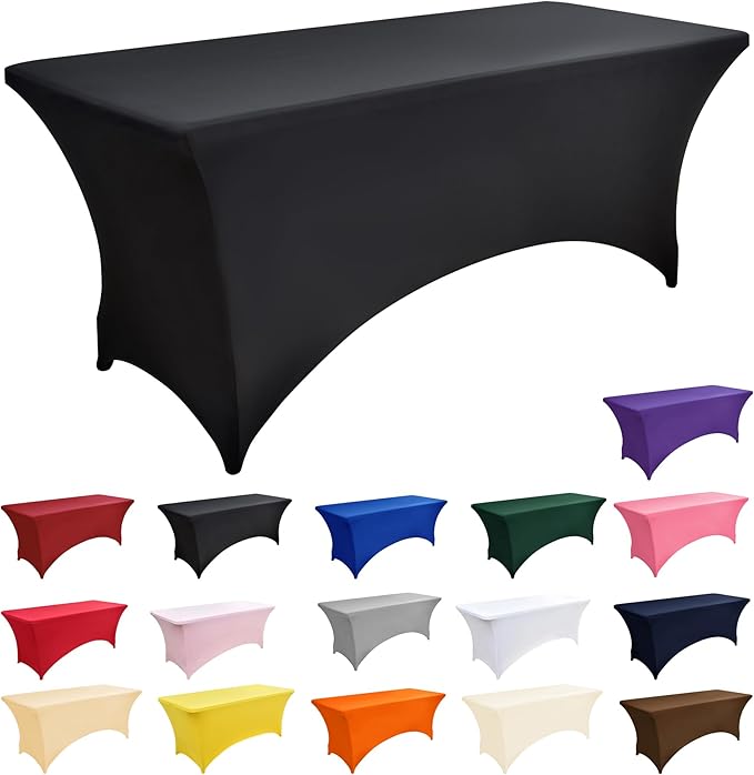 10-Pack 8ft Black Spandex Table Covers for Rectangle Folding Tables - Washable Elastic Tablecloth - Ultimate Fitted Table Protector for Parties, Trade Shows, Banquet, and Wedding