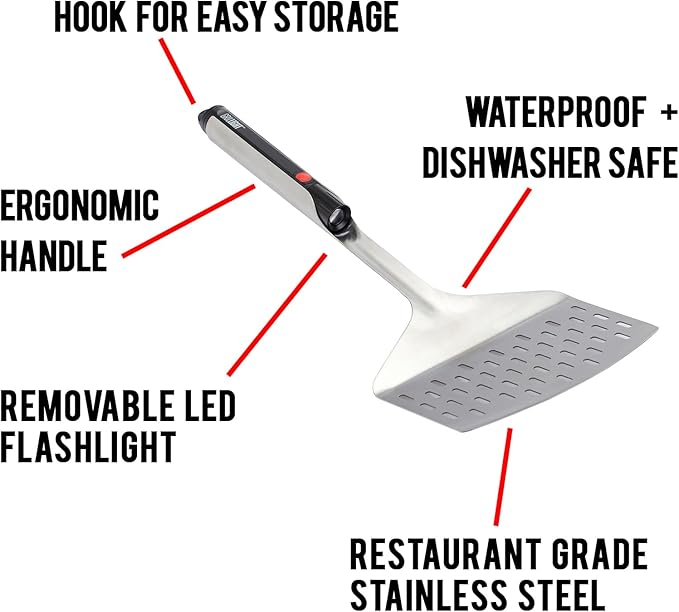 Grill Light Stainless Steel BBQ Grilling Fish Spatula with LED Flashlight - Thick Restaurant Grade Steel - Wide Surface for Delicate Fish - Waterproof & Dishwasher Safe