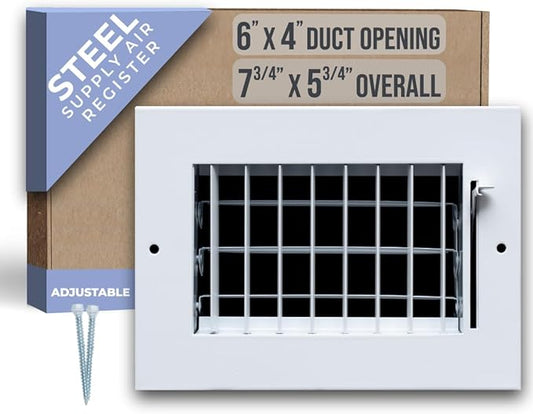Fits 6x4 Duct Opening Steel Adjustable Air Supply Grille by Handua | Register Vent Cover Grill for Sidewall and Ceiling | White | Outer Dimensions: 7.75" X 5.75"