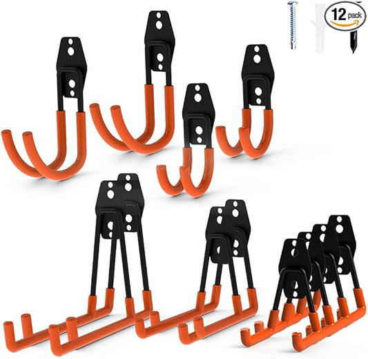 Intpro 12pack Steel Garage Storage Utility Double Hooks Organizer Heavy Duty Wall Mount Tool Holder for Organizing Power Tools Ladders Bulk Items