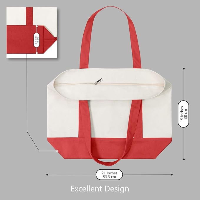 TOPDesign 3-Pack Canvas Tote Bags with an External Pocket, Reusable Grocery Shopping Bags, Top Zipper Closure, Daily Essentials (Red/Natural)