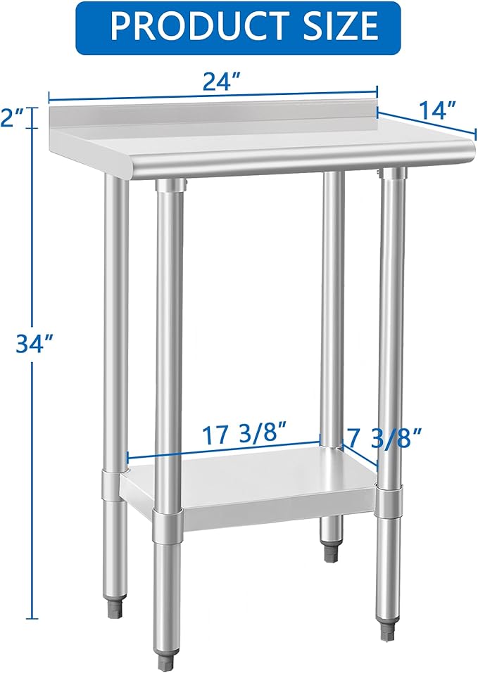 HARDURA Stainless Steel Commercial Work Table Prep Work Metal Table 14×24 Inches with Undershelf and 2" Backsplash Heavy Duty NSF 430 for Kitchen Food Prep