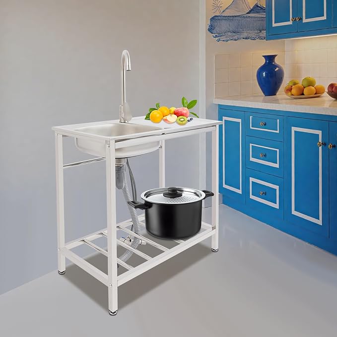 Outdoor Utility Sink, Freestanding Kitchen Sink with Faucet, Utility Sink Freestanding Single Bowl Portable Washing Hand Basin Station with 2 Tier Storage Shelves for Backyard (29.52x 15.74x 29.52in)