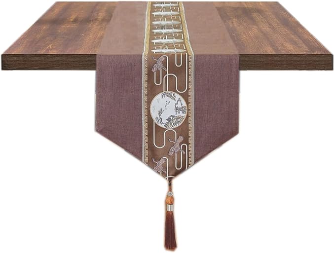 Embroidered Tassel Table Runner Chinese Style Landscape Painting Waterproof Cotton Linen Holiday Kitchen Dining Table Decoration for Home Party Decor 13x72 Inch (Brown)