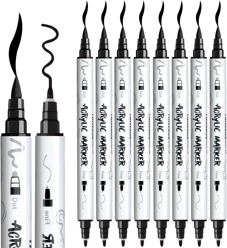 TRANSON 8 Pack Black Brush and Fine Dual-tip Acrylic Paint Marker for DIY Glass Canvas Wood Leather Ceramic Rock Painting