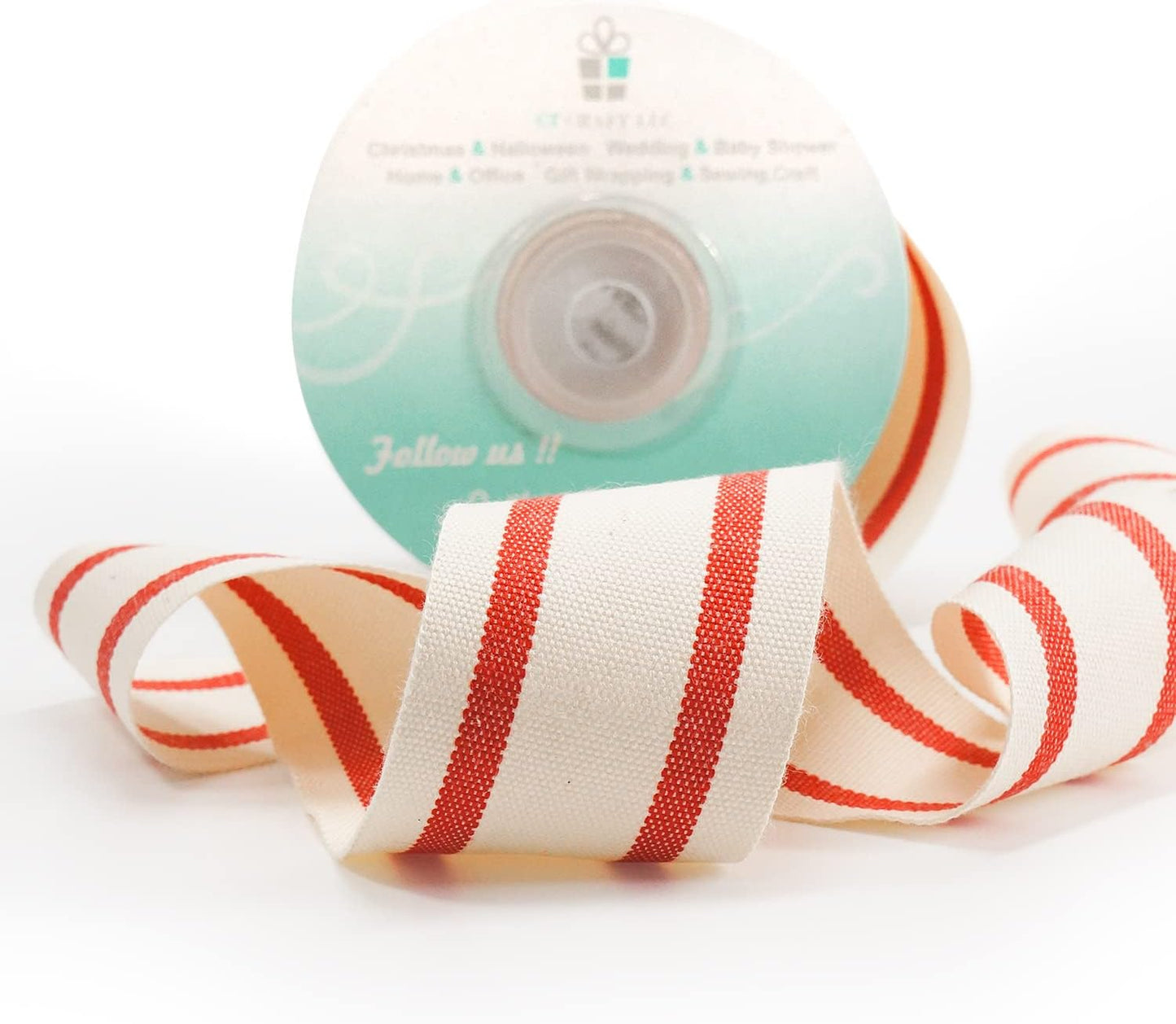 CT CRAFT LLC Ivory Cotton Red Stripes Ribbon 1.5" x 10 Yards for Home Décor Gift Present Wrapping DIY Crafts Birthday Wedding Bouquet Christmas
